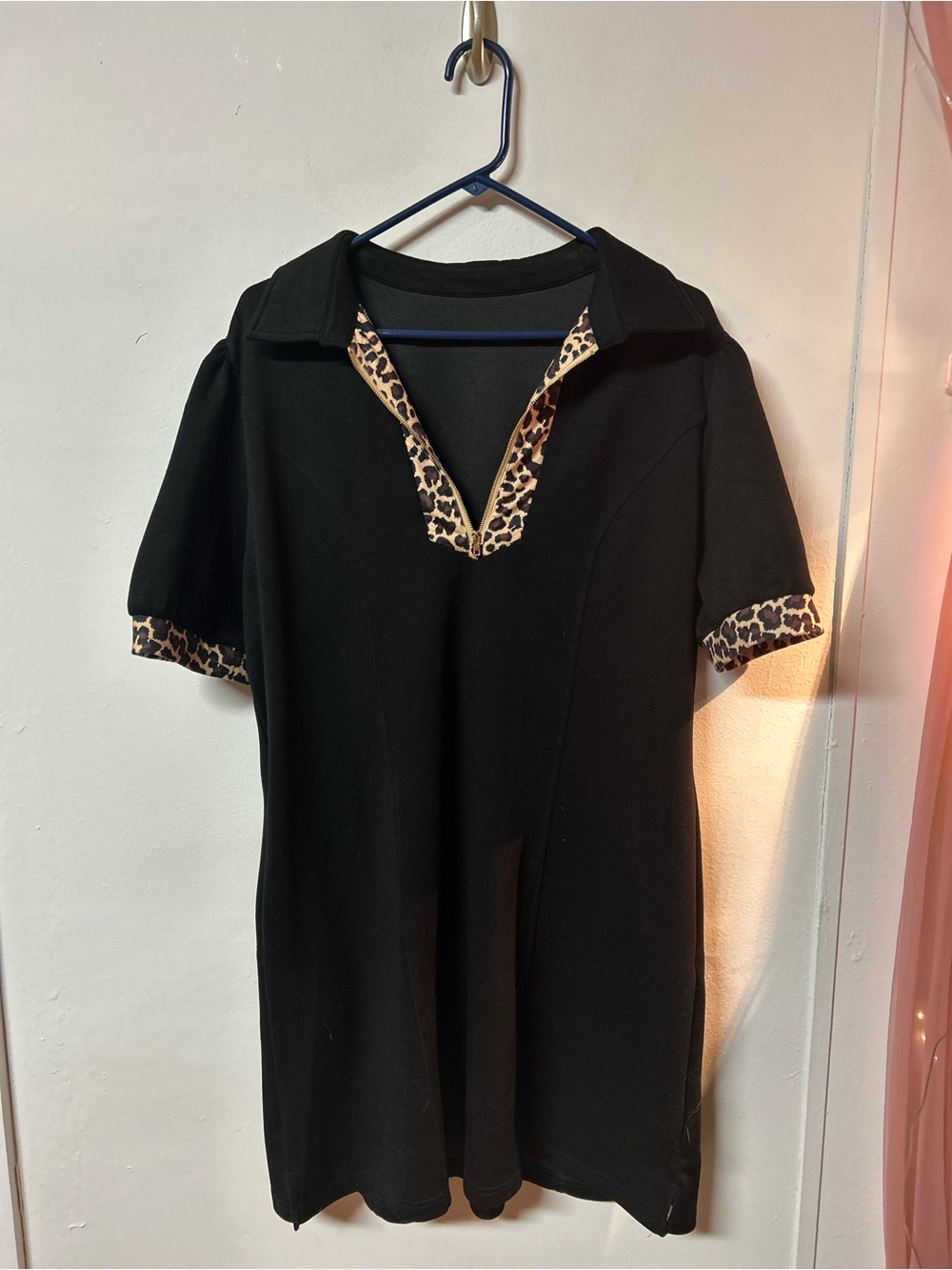 Black Leopard-Trim Short Sleeve Dress Above Knee